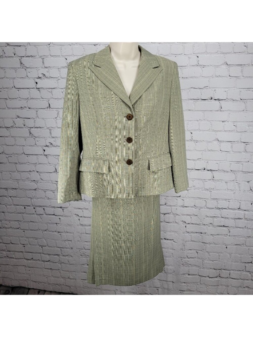 Kasper Beige Check 3 Button Peak Lined Jacket Skirt Suit 2 Piece Set Size 12P